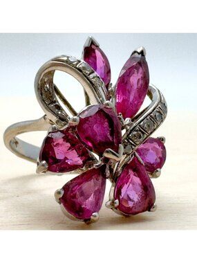 Vtg MC Ruby Diamond 14k White Gold Cluster Ring Handworked Size 7 3.0 Carat